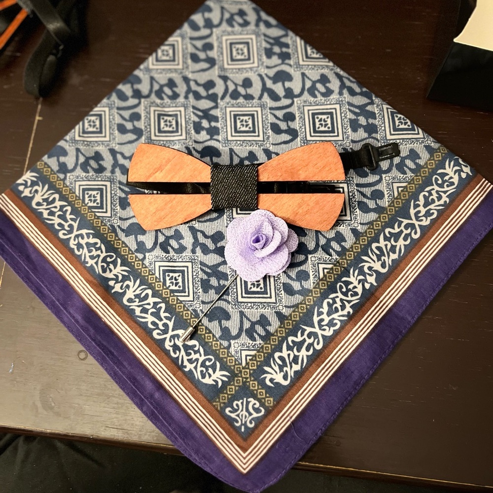 Wood Bow Tie with Purple Flower Lapel pin